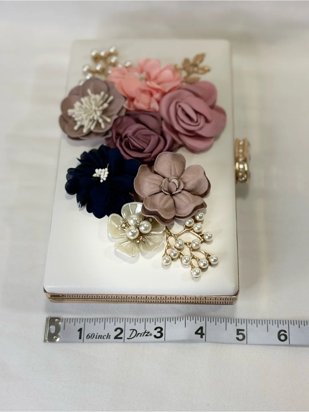 Floral Embellished White Clutch with Multicolor Flowers
